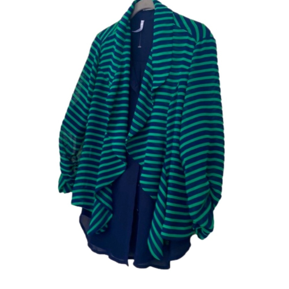 Cruise Cardigan Blousy Style Medium True Green Navy Blue Stripe Travelin Light - Picture 6 of 7